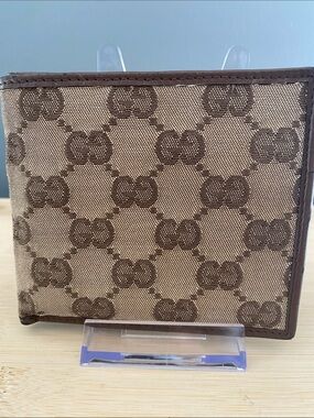 Gucci Beige and Brown GG Canvas Bi-Fold Wallet with Leather Trim